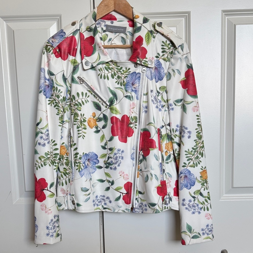 Bagatelle Floral Faux Leather Moto Jacket - Red, Blue, Green